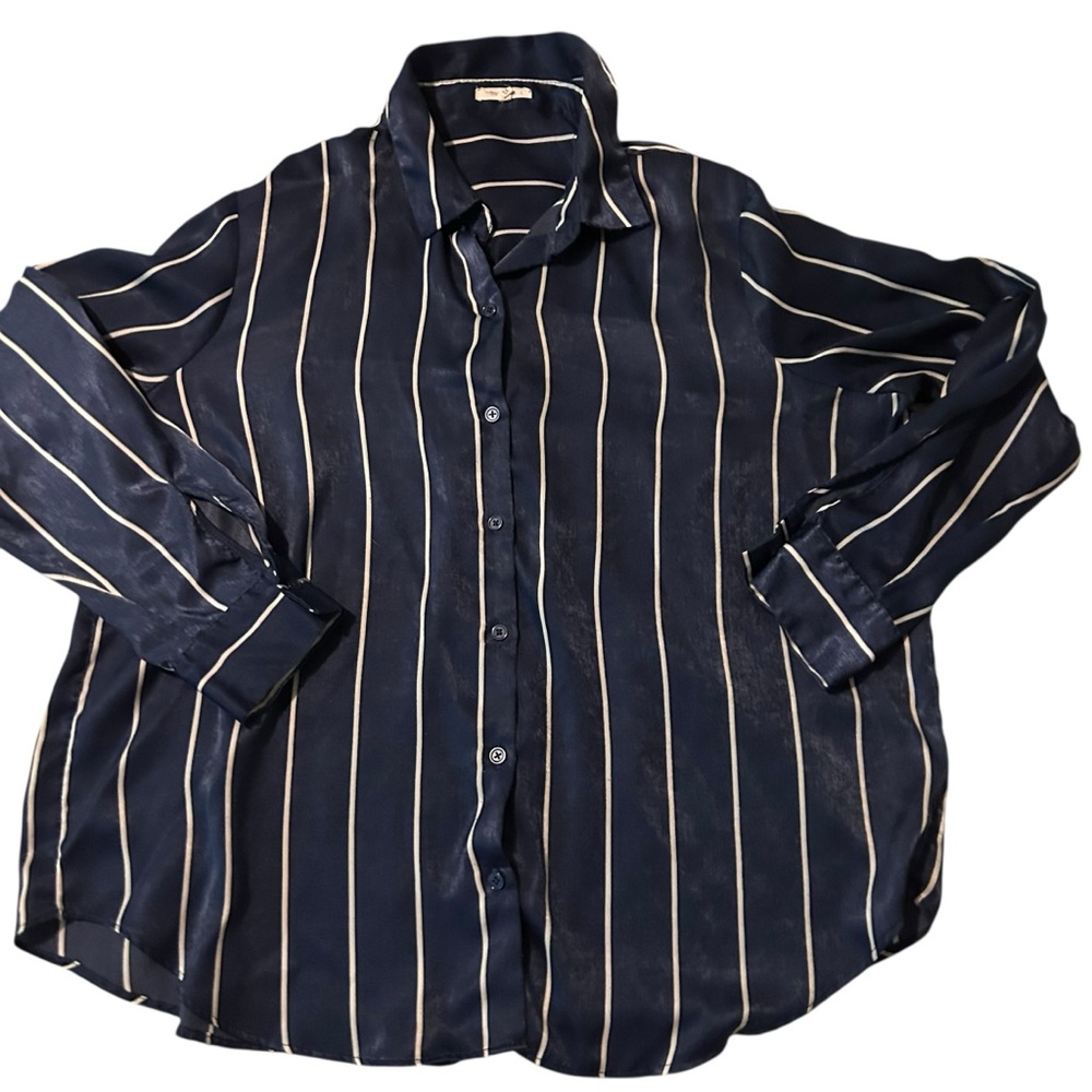 Maurices Navy Blue White Stripe Button Down Blouse – Size 1X Satin-like Sheen - Picture 2 of 8